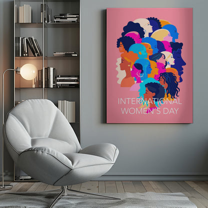 A vibrant poster for International Women's Day featuring a pink background. The central graphic is a collage of colorful profiles of diverse women, representing different ethnicities and hairstyles, all looking in the same direction. Below the illustration, white text reads 'INTERNATIONAL WOMEN'S DAY'. Wall Art