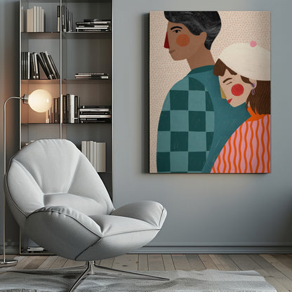 A stylized illustration of a couple against a light dotted background. A woman with a white beret rests her head peacefully on the back of a man. The man is shown in profile, wearing a teal checkered shirt, while the woman wears a vibrant orange and pink striped sweater. Wall Art