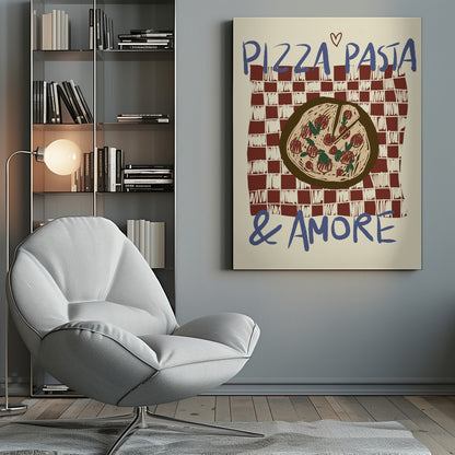 A hand-drawn style art print featuring a pizza on a red and white checkered tablecloth. Blue text above reads 'PIZZA PASTA' with a small heart, and below reads '& AMORE', creating a charming, vintage-inspired tribute to Italian food. Poster
