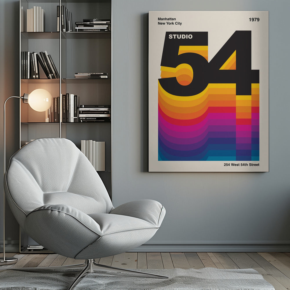 A retro graphic design poster for Studio 54 dated 1979. The design features the large black number '54' with the word 'STUDIO' inside the '5'. A colorful, wavy gradient from yellow to blue extends downwards, creating a vibrant 3D effect against an off-white background. Artwork