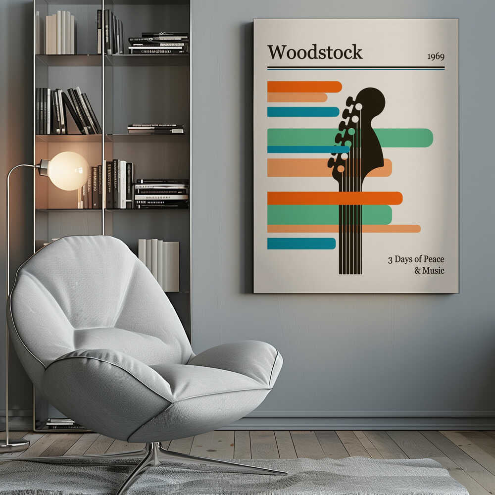 A minimalist retro-style poster for the 1969 Woodstock festival. It features a black silhouette of a guitar neck against horizontal stripes of orange, green, and blue on an off-white background. The text 'Woodstock 1969' is at the top, and '3 Days of Peace & Music' is at the bottom. Artwork
