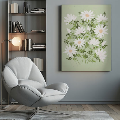 An illustration of a bouquet of white daisies with yellow centers and lush green leaves against a light sage green background. A small red ladybug rests on a leaf. The entire piece is framed in black. Artwork