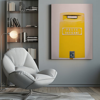 A close-up, front-view photograph of a vibrant yellow Vatican City mailbox against a plain beige wall, enclosed in a thin black frame. The words 'POSTE VATICANE' are printed in white on the front. Artwork