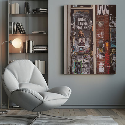 A close-up of a weathered dark door and an adjacent brick wall, both covered in a dense collage of street art, including peeling posters, stickers, and graffiti. A prominent poster on the door asks 'DOES IT EVEN MATTER' in bold white letters. Wall Art