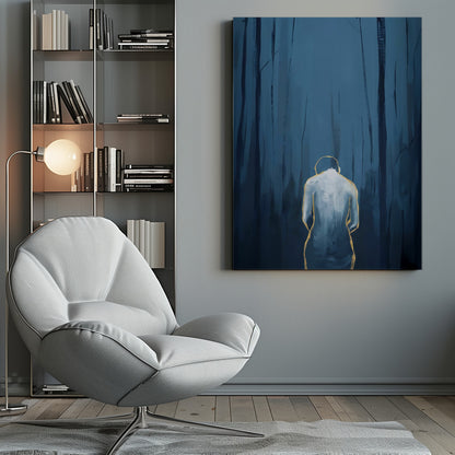 A vertical abstract painting depicting a figure from behind, outlined in gold and filled with white brushstrokes, standing in a dark, moody forest of deep blue and black tree trunks. Print
