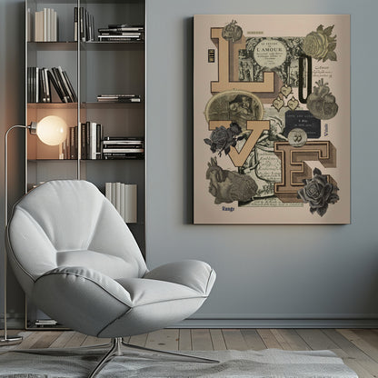 A vintage-style collage featuring the word 'LOVE' in large, tan, three-dimensional block letters. The letters are arranged on a light beige background and are intertwined with various black and white engravings, including anatomical hearts, roses, cherubs, and text snippets from old books. Poster