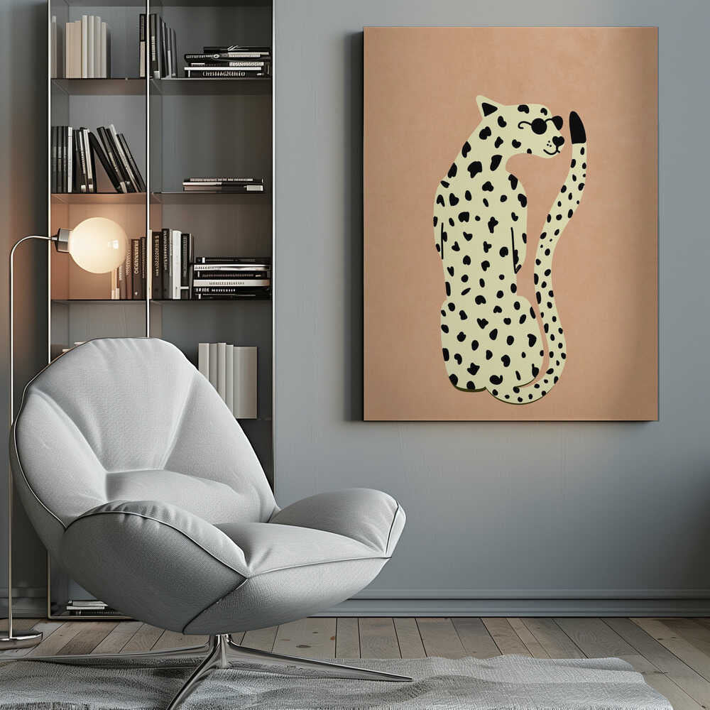 A minimalist illustration of a seated leopard against a solid peach-colored background, enclosed in a black frame. The leopard is cream-colored with black spots, wearing round black sunglasses, and has a slight smile. Poster