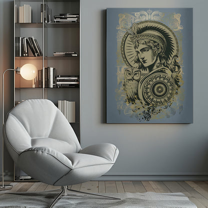 A stylized graphic illustration of the Greek goddess Athena against a muted blue background. Rendered in black and gold, she wears a plumed helmet and holds a patterned shield, with her symbolic owl perched beside her. Print