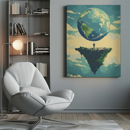 A surreal illustration of a lone person standing on a small, floating island, gazing up at a massive Planet Earth in a cloudy sky. The style is graphic and painterly with a muted color palette. Print