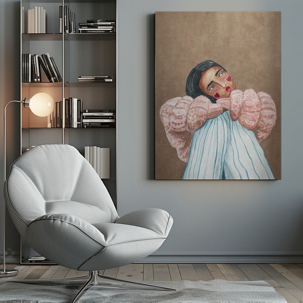An illustrative painting of a person with dark hair, freckles, and red heart stickers on their cheeks. They are wearing a textured pink sweater and light blue pinstripe pants, hugging their knees while looking at the viewer with their head tilted against a solid brown background. Wall Art