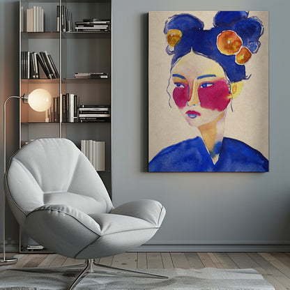 A stylized watercolor portrait of a woman with vibrant blue hair in double buns adorned with orange flowers, bold magenta blush, and a contemplative expression against a neutral beige background. Wall Art