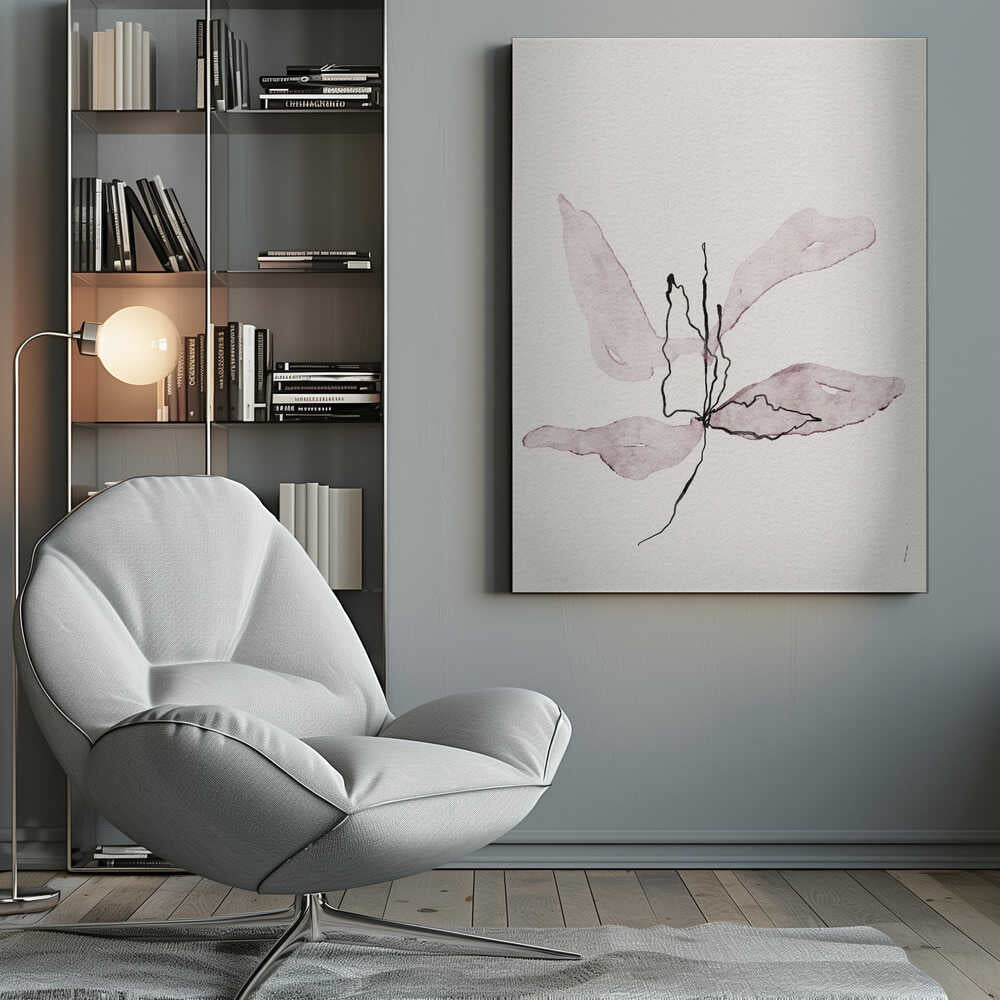 Minimalist ink and watercolor illustration of a delicate purple flower on a white background. Abstract botanical art.