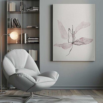 Minimalist ink and watercolor illustration of a delicate purple flower on a white background. Abstract botanical art.