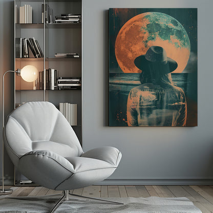 A surreal piece of art depicting a woman from behind, wearing a black fedora and a denim jacket. She is looking out over a dark sea towards a giant, textured moon that is colored in orange and teal, hanging in a starry night sky. The image has a distressed, double-exposure style. Artwork