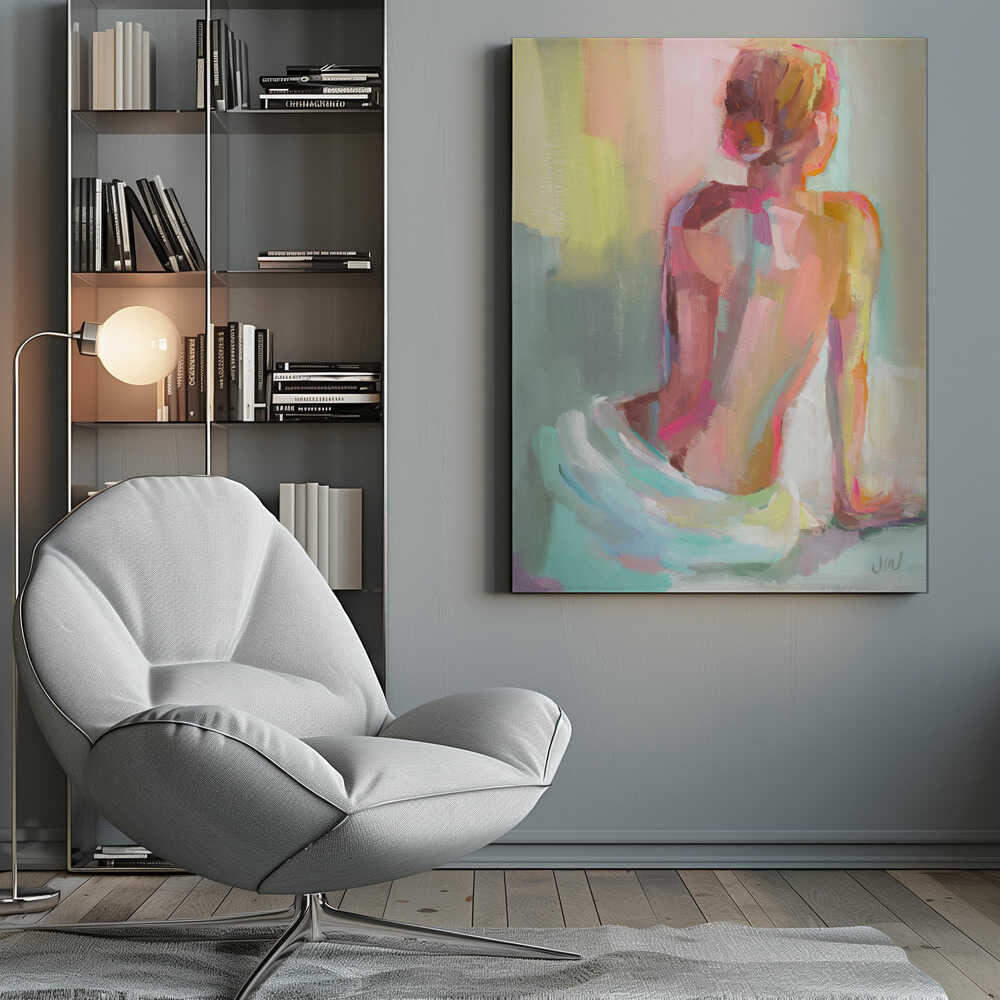 An impressionistic painting of a woman sitting with her back to the viewer, rendered in broad, expressive brushstrokes of pastel pinks, yellows, and mint green. Wall Art