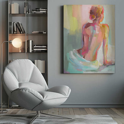 An impressionistic painting of a woman sitting with her back to the viewer, rendered in broad, expressive brushstrokes of pastel pinks, yellows, and mint green. Wall Art