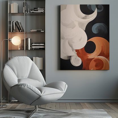 Abstract depiction of clouds, featuring soft, blending colors like blue, white, and grey, resembling a painted sky on a poster or art print. Artwork