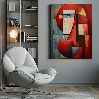 A vibrant abstract painting in a cubist style, featuring a deconstructed face. The composition is dominated by bold red geometric shapes, including a large circle for the head and a heart-like or cherry shape at the bottom. A single stylized eye looks out from a field of cream and light blue blocks, all intersected by strong black lines and planes of color. Artwork