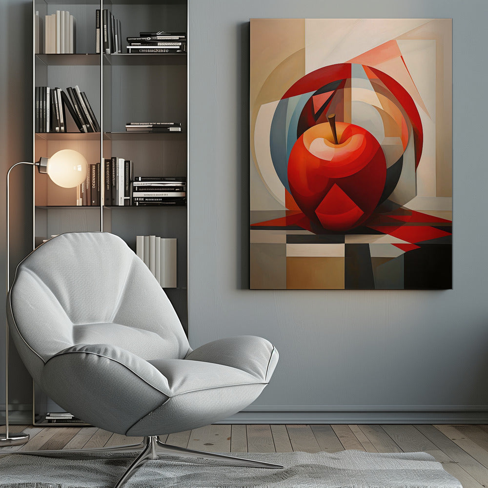 A cubist-style painting of a shiny red apple resting on a checkered surface. The background is a complex composition of overlapping geometric shapes and arcs in shades of red, blue, beige, and gray, creating a fragmented and multi-dimensional still life. Artwork
