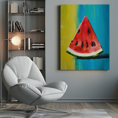 An impressionistic painting of a single, juicy slice of watermelon. The vibrant red flesh and black seeds contrast with a colorful background of bright yellow and deep teal blue, all rendered with visible, expressive brushstrokes and framed in black. Artwork