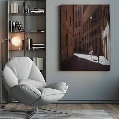 An art print featuring a girl in a scenic setting in Rome, possibly with historic architecture or street views. Decor