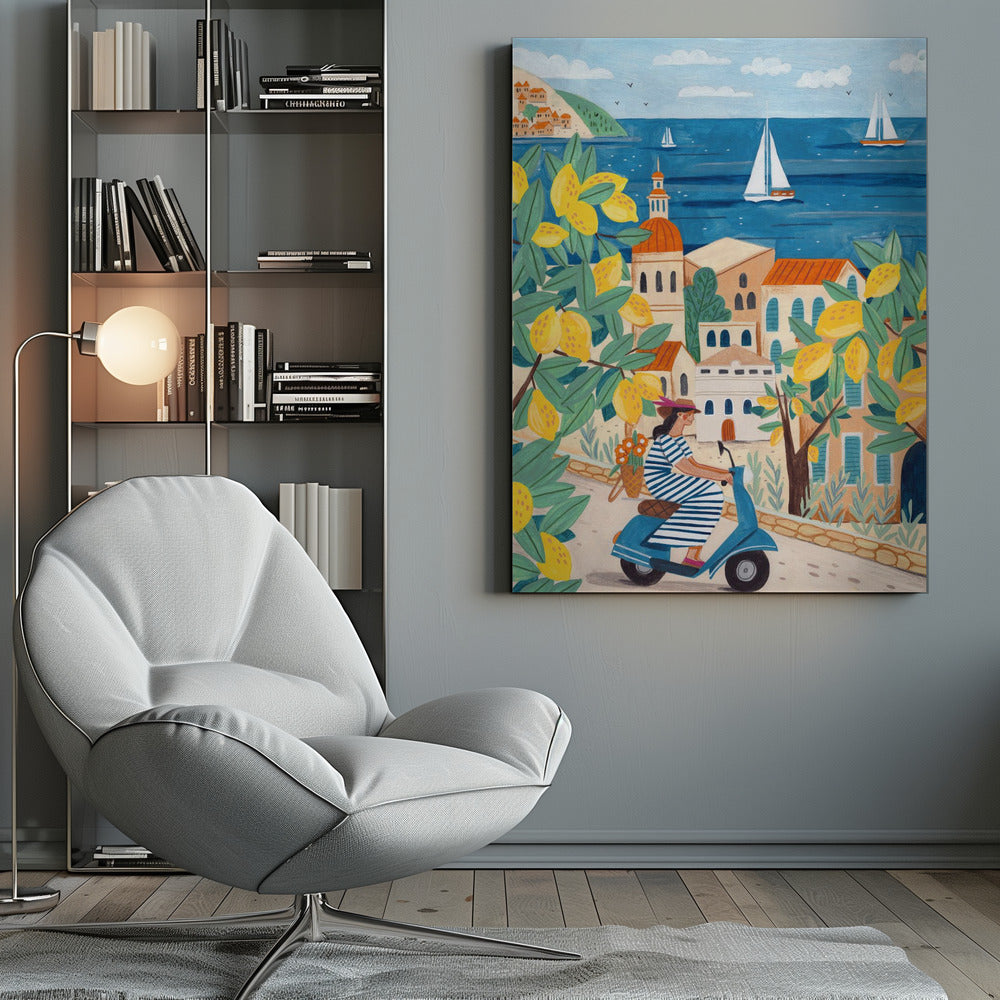 A vibrant illustration of a woman in a blue and white striped dress riding a blue scooter up a winding road in a Mediterranean coastal town. The scene is framed by lemon tree branches heavy with bright yellow fruit. In the background, charming buildings with terracotta roofs overlook a deep blue sea dotted with white sailboats. Poster