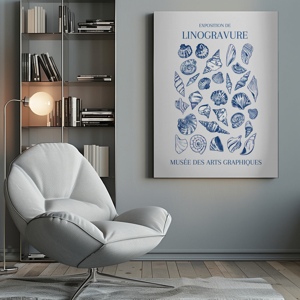 A vintage-style exhibition poster for 'Exposition de Linogravure' at the 'Musée des Arts Graphiques'. The poster features a collection of intricately detailed seashells illustrated in a blue linocut style on an off-white background, all enclosed in a simple black frame. Artwork