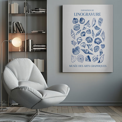 A vintage-style exhibition poster for 'Exposition de Linogravure' at the 'Musée des Arts Graphiques'. The poster features a collection of intricately detailed seashells illustrated in a blue linocut style on an off-white background, all enclosed in a simple black frame. Artwork