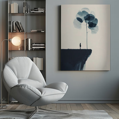 A minimalist abstract artwork featuring a dark silhouette of a person standing on a cliff's edge next to a tall, thin tree with large, translucent blue leaves against a light beige background. Wall Art