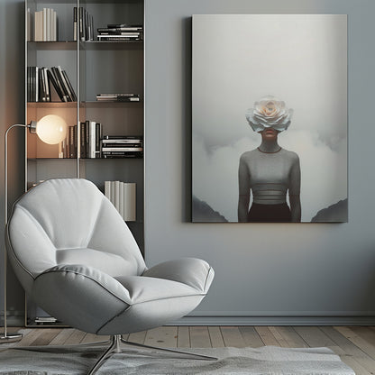 A surrealist portrait of a person from the waist up, their face completely covered by a large, white paper rose. They are wearing a grey turtleneck sweater and stand in front of a foggy, mountainous landscape under a pale grey sky. Poster