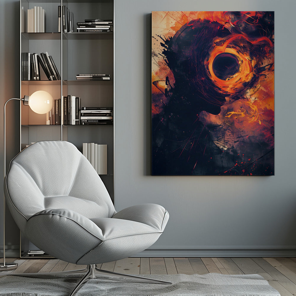 An abstract artwork depicting a dark silhouette of a person's head in profile. From the center of the head emanates a swirling, fiery vortex of orange, red, and yellow, resembling a black hole or a cosmic event, set against a dark, textured background with paint splatters. Print