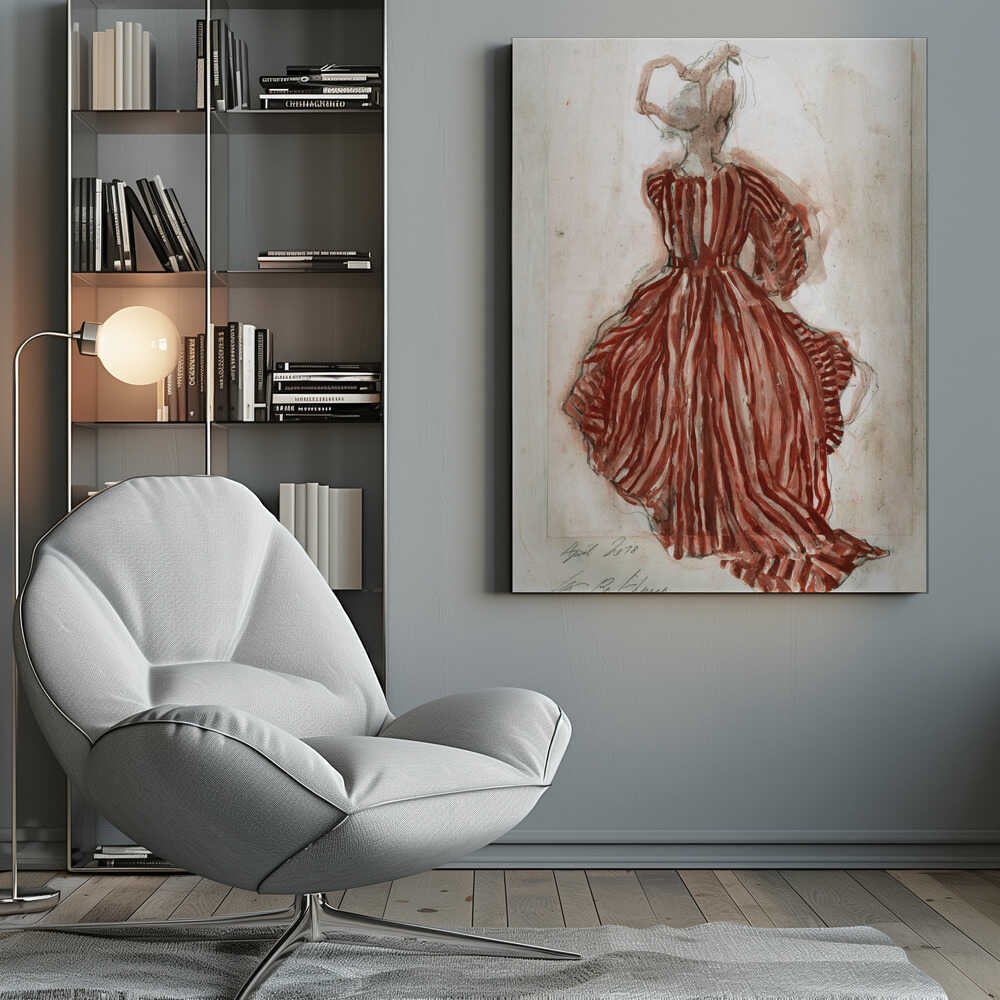 A vintage watercolor sketch of a woman from behind, wearing an elaborate red and white striped gown with long sleeves and a full skirt. Her hair is in an updo, and the artwork has a loose, expressive style on aged paper, presented in a black frame. Wall Art
