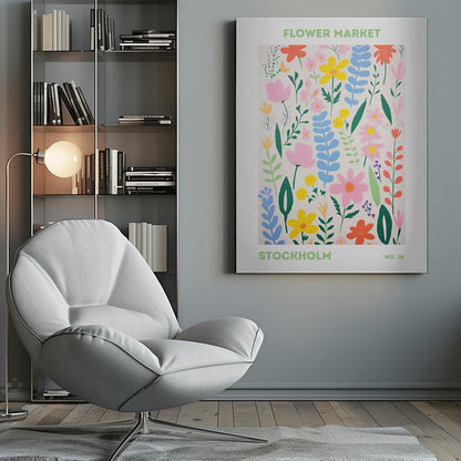 A framed art print of a 'Flower Market Stockholm' poster. It features a colorful, stylized illustration of various flowers and leaves in shades of pink, yellow, blue, and green against a cream background. The text is in a light green sans-serif font. Decor