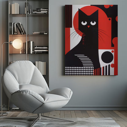 A stylized graphic illustration of a black cat with large, white, crescent-shaped eyes. The cat is set against a large red circle and a background composed of various geometric shapes and patterns in black, white, and red, including stripes, dots, and circles. Decor