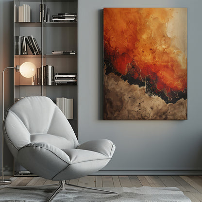 A vertical abstract painting in a black frame, featuring a textured, fiery orange and red upper section transitioning into a jagged black formation outlined in gold. The bottom section is a mottled and speckled blend of brown and beige tones. Artwork