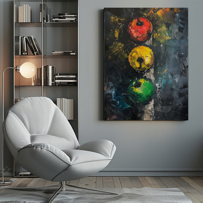 An abstract impasto painting of a traffic light. Three circles—red, yellow, and green—are aligned vertically against a dark, heavily textured background created with thick palette knife strokes. Wall Art
