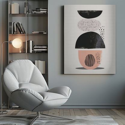 A modern abstract artwork in a black frame, featuring a vertical composition of stacked shapes against an off-white background. From top to bottom, the shapes include a black semi-circle, a speckled light gray oval, a larger textured black semi-circle, and a blush pink bowl-like shape decorated with black vertical lines and dots. Print