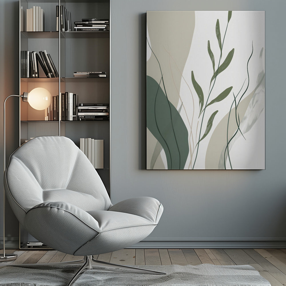An abstract botanical art print in a black frame. The composition features stylized green leaves and stems layered over muted beige and sage green shapes against a clean white background. Wall Art