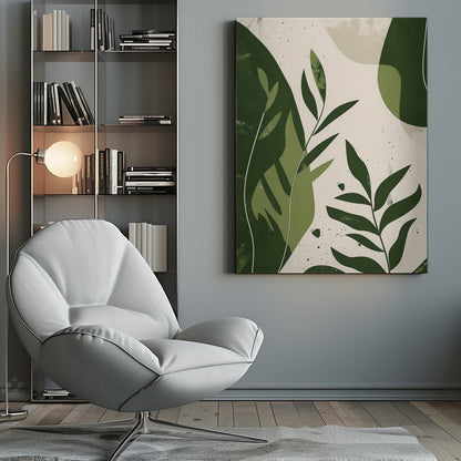A modern abstract botanical artwork in a black frame, featuring various shades of green leaves and organic shapes layered over a speckled, off-white background. The style is minimalist with a textured, painterly feel. Wall Art