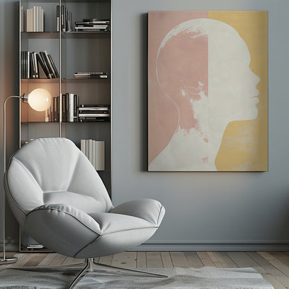 A modern art piece featuring a white silhouette of a person's head and shoulders in profile against a color-blocked background. The background is split vertically with pale pink on the left and pale yellow on the right, both with a subtle textured effect. Poster