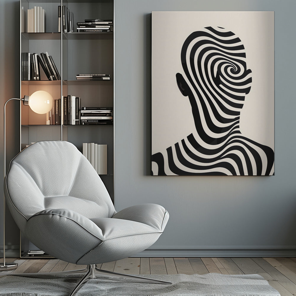 A framed abstract artwork featuring the silhouette of a person's head filled with a hypnotic black and cream spiral optical illusion pattern. The background is a solid cream color. Decor
