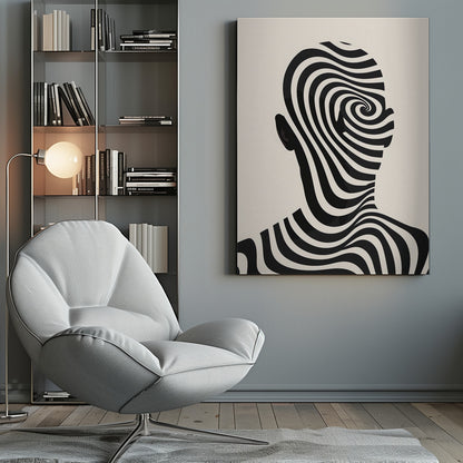 A framed abstract artwork featuring the silhouette of a person's head filled with a hypnotic black and cream spiral optical illusion pattern. The background is a solid cream color. Decor