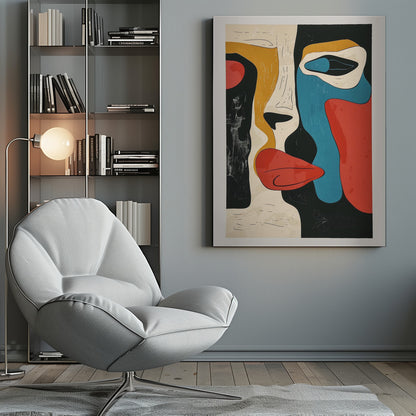 A framed modern abstract artwork depicting a deconstructed face. The composition uses bold, block colors like red, blue, and mustard yellow, separated by thick black lines and areas of cream and textured black, creating a cubist-inspired portrait. Decor