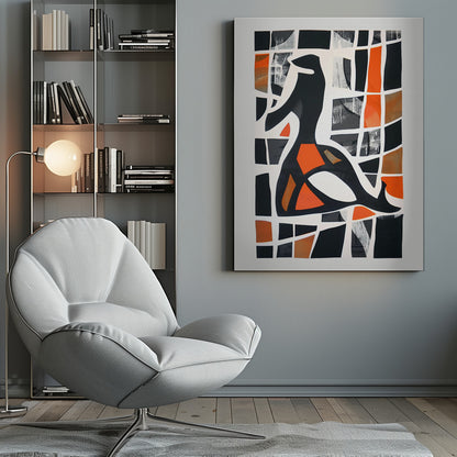 A framed abstract collage featuring a central black stylized figure against a background of a deconstructed grid. The grid's cells are filled with solid black, vibrant orange, shades of brown, and textured grey patches, separated by thick, irregular white lines, creating a stained-glass or mosaic effect. Artwork