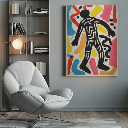 A vibrant abstract artwork featuring a central black silhouette of a person walking, decorated with white maze-like lines. The figure is surrounded by a collage of colorful organic shapes in red, yellow, blue, pink, and orange on a white background, all enclosed in a simple black frame. Artwork