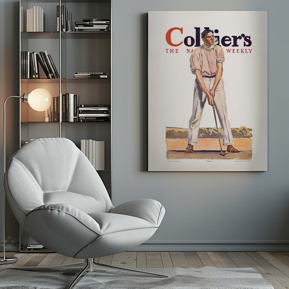 A vintage Collier's magazine cover from September 19, 1908, featuring an illustration of a male golfer in a pink shirt and white pants, mid-swing with a golf club. The magazine's title is prominent at the top, and the word 'Fore!' is at the bottom. Decor