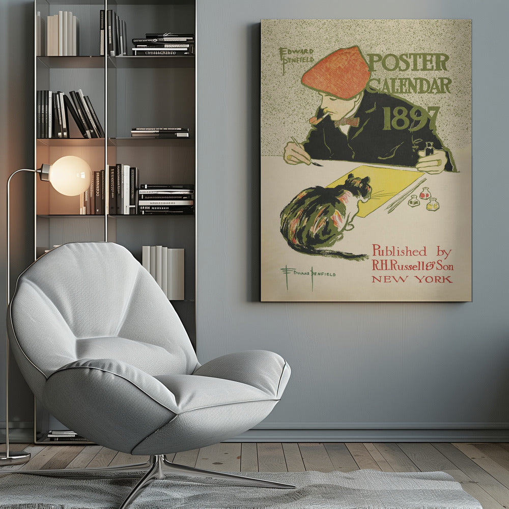 A vintage poster by Edward Penfield for the 'Poster Calendar 1897'. The illustration features an artist in a red cap and black jacket, smoking a pipe while working at a desk. A calico cat sits on the desk, watching him paint on a yellow sheet of paper. The text on the poster includes the title, year, artist's name, and publisher information. Poster