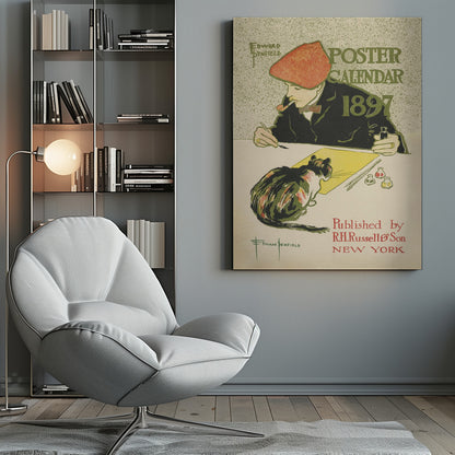 A vintage poster by Edward Penfield for the 'Poster Calendar 1897'. The illustration features an artist in a red cap and black jacket, smoking a pipe while working at a desk. A calico cat sits on the desk, watching him paint on a yellow sheet of paper. The text on the poster includes the title, year, artist's name, and publisher information. Poster