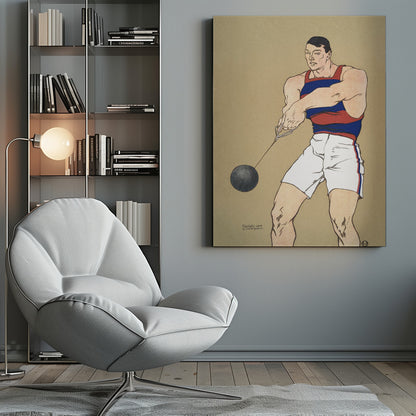 A vintage illustration from 1908 depicting a muscular male athlete preparing for a hammer throw. He wears a red and blue striped singlet and white shorts, holding the hammer with both hands against a plain beige background. Print