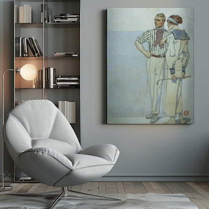 A vintage Art Deco illustration of a stylish couple from the 1920s. The man wears a striped shirt and ascot, while the woman wears a sailor-style dress and holds a golf club. Decor